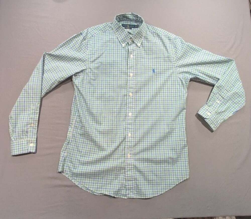 Ralph Lauren Button Down Shirt Size M Green Blue White Plaid Gingham Check